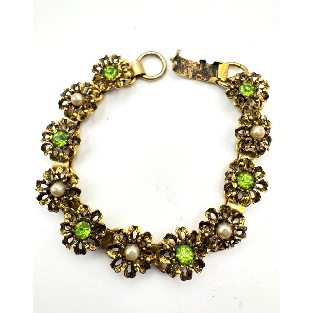 Vintage Flower Bracelet Gold Tone Filigree Green Rhinestone Faux Pearl 7
